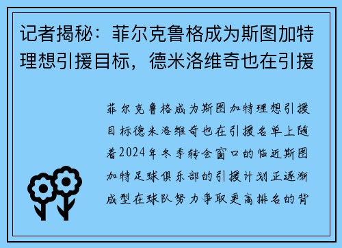 记者揭秘：菲尔克鲁格成为斯图加特理想引援目标，德米洛维奇也在引援名单上