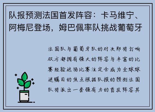队报预测法国首发阵容：卡马维宁、阿梅尼登场，姆巴佩率队挑战葡萄牙