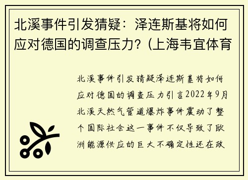 北溪事件引发猜疑：泽连斯基将如何应对德国的调查压力？(上海韦宜体育怎么样)
