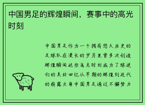 中国男足的辉煌瞬间，赛事中的高光时刻