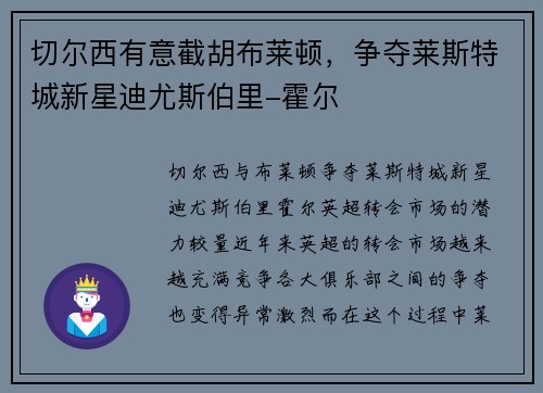 切尔西有意截胡布莱顿，争夺莱斯特城新星迪尤斯伯里-霍尔